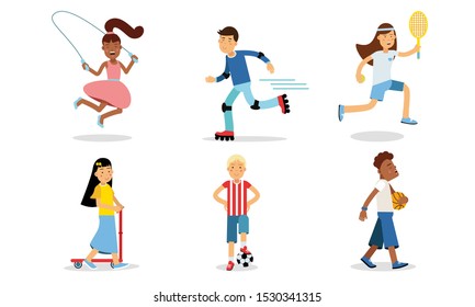 Different Kinds Of Outdoor Sports Pictured By Athletic Characters Vector Illustration Set Isolated On White Background
