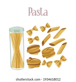 Different kinds of pasta. Carbohydrates for healthy nutrition. Vector hand drawn flat isolated illustration with dry brush texture and hand written lettering for your design.
