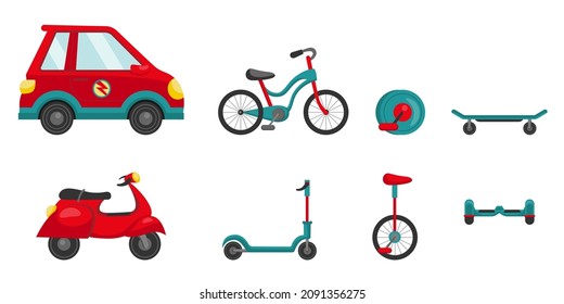 Se establecen diferentes tipos de ilustraciones vectoriales de transporte personal. Vehículos y ciclomotores, vehículos eléctricos como medio de transporte alternativo: patinete, monociclo, bicicleta, giroscopio. Transporte, concepto de medio ambiente