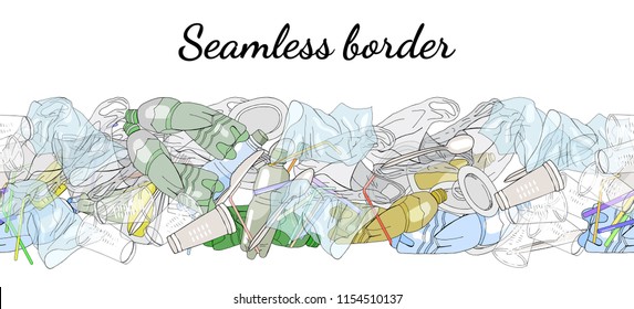 Different kinds of plastic garbage. Seamless pattern brush.