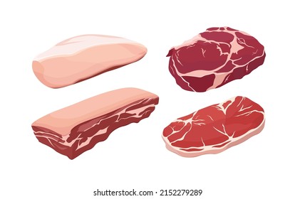 Diferentes tipos de ilustraciones vectoriales de carne cruda en estilo plano. filete de pollo, filete de ternera, tocino. Aislado.