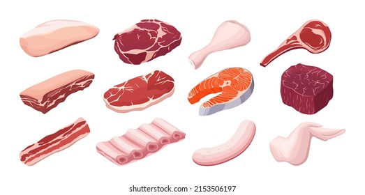 Diferentes tipos de ilustraciones vectoriales de carne cruda en estilo plano. filete de pollo, pescado, filete de buey, bacón, cerdo Aislado.	