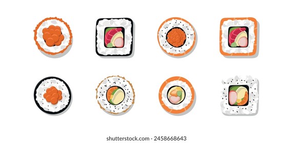 Different kinds of rolls with salmon, tuna, avocado, rice and nori isolated on a white background. Traditional Japanese food. Vector flat illustration.