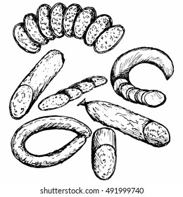 Different kinds of sausages. Isolated on white background. Vector, doodle style