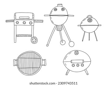 Different kinds of smokers BBQ sketch set. Vector hand drawn charcoal kettles and barbecue grills set