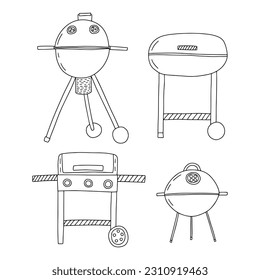 Different kinds of smokers BBQ sketch set. Vector hand drawn charcoal kettles and barbecue grills set