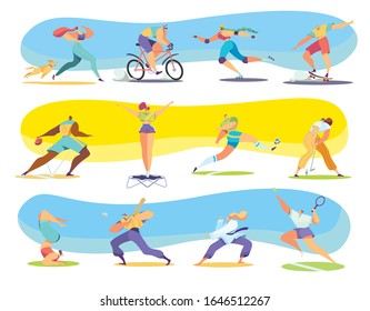 Different kinds of sport, people cartoon characters, vector illustration. Active men and women running, cycling, skating and playing sport games. Professional players in basketball, golf and tennis