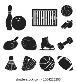 Different kinds of sports black icons in set collection for design. Sport equipment vector symbol stock web illustration.