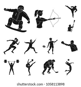 Different kinds of sports black icons in set collection for design. Athlete, competitions vector symbol stock web illustration.