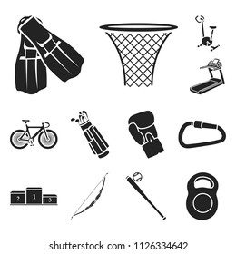 Different kinds of sports black icons in set collection for design. Sport equipment vector symbol stock web illustration.