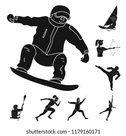 Different kinds of sports black icons in set collection for design. Athlete, competitions vector symbol stock web illustration.