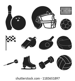 Different kinds of sports black icons in set collection for design. Sport equipment vector symbol stock web illustration.