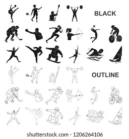 Different kinds of sports black icons in set collection for design. Athlete, competitions vector symbol stock web illustration.