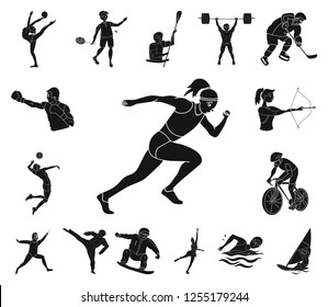 Different kinds of sports black icons in set collection for design. Athlete, competitions vector symbol stock web illustration.
