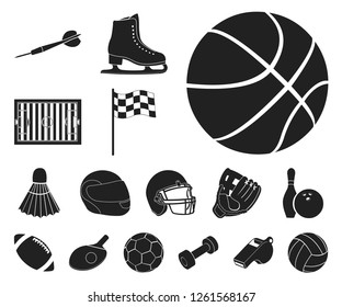 Different kinds of sports black icons in set collection for design. Sport equipment vector symbol stock web illustration.