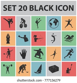 Different kinds of sports black icons in set collection for design. Athlete, competitions vector symbol stock web illustration.