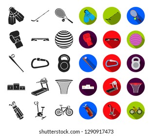 Different kinds of sports black,flat icons in set collection for design. Sport equipment vector symbol stock web illustration.