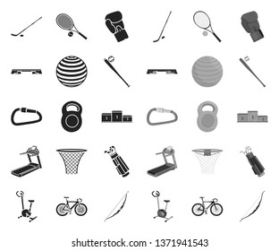 Different kinds of sports black.mono icons in set collection for design. Sport equipment vector symbol stock web illustration.