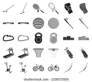 Different kinds of sports black,monochrome icons in set collection for design. Sport equipment vector symbol stock web illustration.