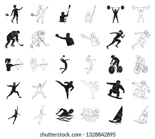 Different kinds of sports black,outline icons in set collection for design. Athlete, competitions vector symbol stock web illustration.