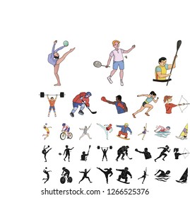 Different kinds of sports cartoon, black icons in set collection for design. Athlete, competitions vector symbol stock web illustration.