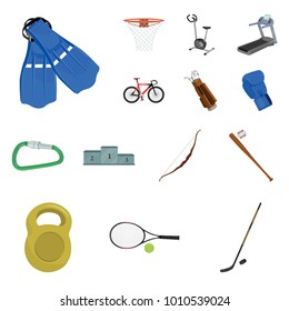 Different kinds of sports cartoon icons in set collection for design. Sport equipment vector symbol stock web illustration.