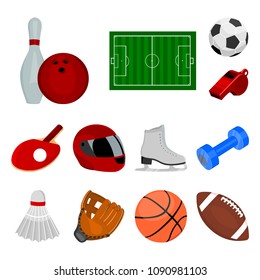 Different kinds of sports cartoon icons in set collection for design. Sport equipment vector symbol stock web illustration.