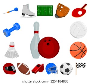 Different kinds of sports cartoon icons in set collection for design. Sport equipment vector symbol stock web illustration.
