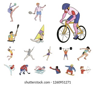 Different kinds of sports cartoon icons in set collection for design. Athlete, competitions vector symbol stock web illustration.