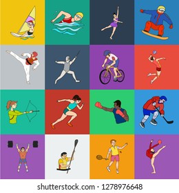 Different kinds of sports cartoon icons in set collection for design. Athlete, competitions vector symbol stock web illustration.