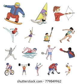 Different kinds of sports cartoon icons in set collection for design. Athlete, competitions vector symbol stock web illustration.