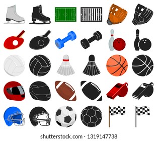 Different kinds of sports cartoon,black icons in set collection for design. Sport equipment vector symbol stock web illustration.