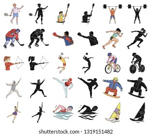 Different kinds of sports cartoon,black icons in set collection for design. Athlete, competitions vector symbol stock web illustration.