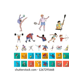 Different kinds of sports cartoon,flat icons in set collection for design. Athlete, competitions vector symbol stock web illustration.