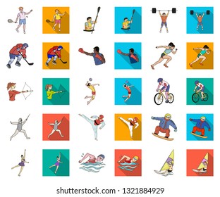 Different kinds of sports cartoon,flat icons in set collection for design. Athlete, competitions vector symbol stock web illustration.