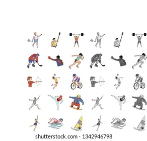 Different kinds of sports cartoon,mono icons in set collection for design. Athlete, competitions vector symbol stock web illustration.