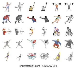 Different kinds of sports cartoon,monochrom icons in set collection for design. Athlete, competitions vector symbol stock web illustration.