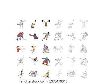 Different kinds of sports cartoon,outline icons in set collection for design. Athlete, competitions vector symbol stock web illustration.