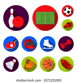 Different kinds of sports flat icons in set collection for design. Sport equipment vector symbol stock web illustration.