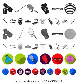 Different kinds of sports flat icons in set collection for design. Sport equipment vector symbol stock web illustration.