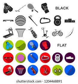 Different kinds of sports flat icons in set collection for design. Sport equipment vector symbol stock web illustration.