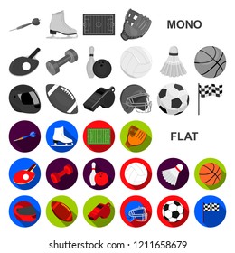 Different kinds of sports flat icons in set collection for design. Sport equipment vector symbol stock web illustration.