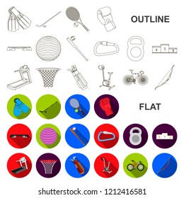 Different kinds of sports flat icons in set collection for design. Sport equipment vector symbol stock web illustration.