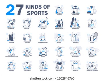 Different kinds of sports flat icons in set collection for design. Athlete, competitions vector symbol stock web illustration