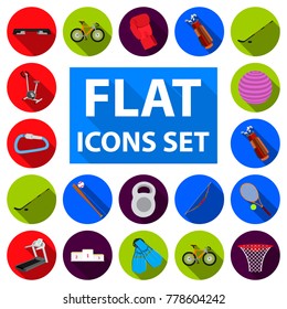 Different kinds of sports flat icons in set collection for design. Sport equipment vector symbol stock web illustration.