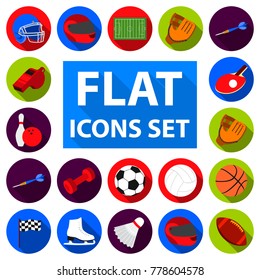 Different kinds of sports flat icons in set collection for design. Sport equipment vector symbol stock web illustration.