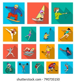 Different kinds of sports flat icons in set collection for design. Athlete, competitions vector symbol stock web illustration.