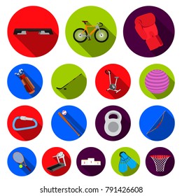 Different kinds of sports flat icons in set collection for design. Sport equipment vector symbol stock web illustration.