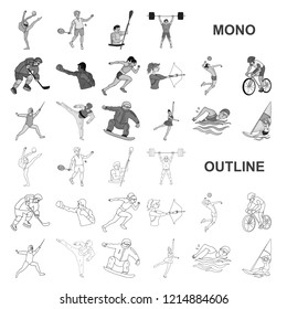 Different kinds of sports monochrom icons in set collection for design. Athlete, competitions vector symbol stock web illustration.