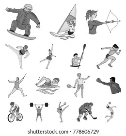 Different kinds of sports monochrome icons in set collection for design. Athlete, competitions vector symbol stock web illustration.